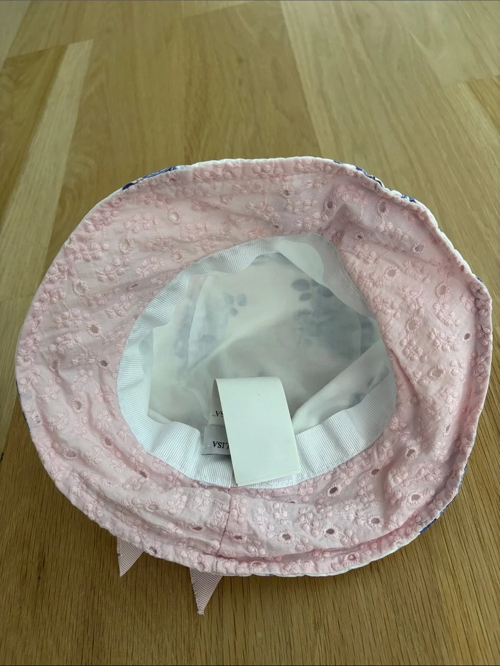 MonnaLisa Blue & White Floral Sun Hat with Pink Eyelet Trim & Pink Bow